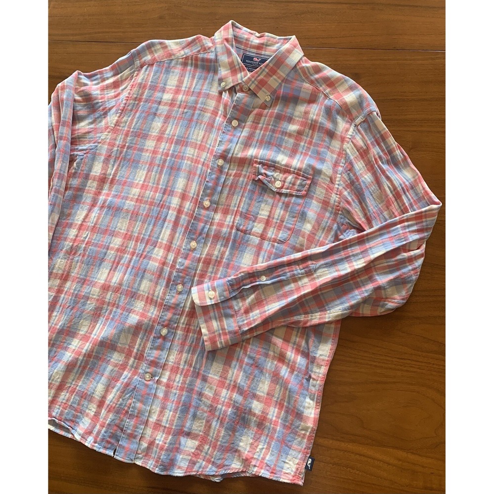 Vineyard Vines Linen Blend Shirt Mens XL Slim Fit Crosby Check Plaid Button Down